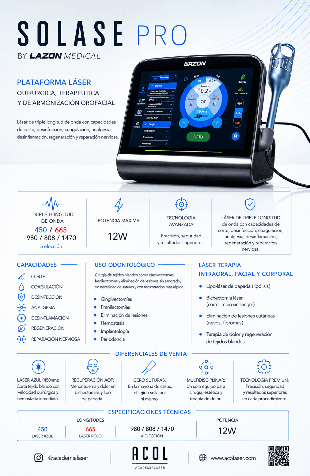 Solase Pro: longitudes de onda, aplicaciones y características